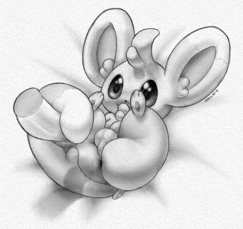 2024 3_toes absurd_res anus ass balls big_ears chest_tuft digital_drawing_(artwork) digital_media_(artwork) disembodied_penis feet feral generation_5_pokemon genitals greyscale head_tuft hi_res legs_up lying male male/male minccino mklxiv monochrome nintendo on_back penis perineum pokemon pokemon_(species) presenting presenting_anus signature smile solo toes tuft