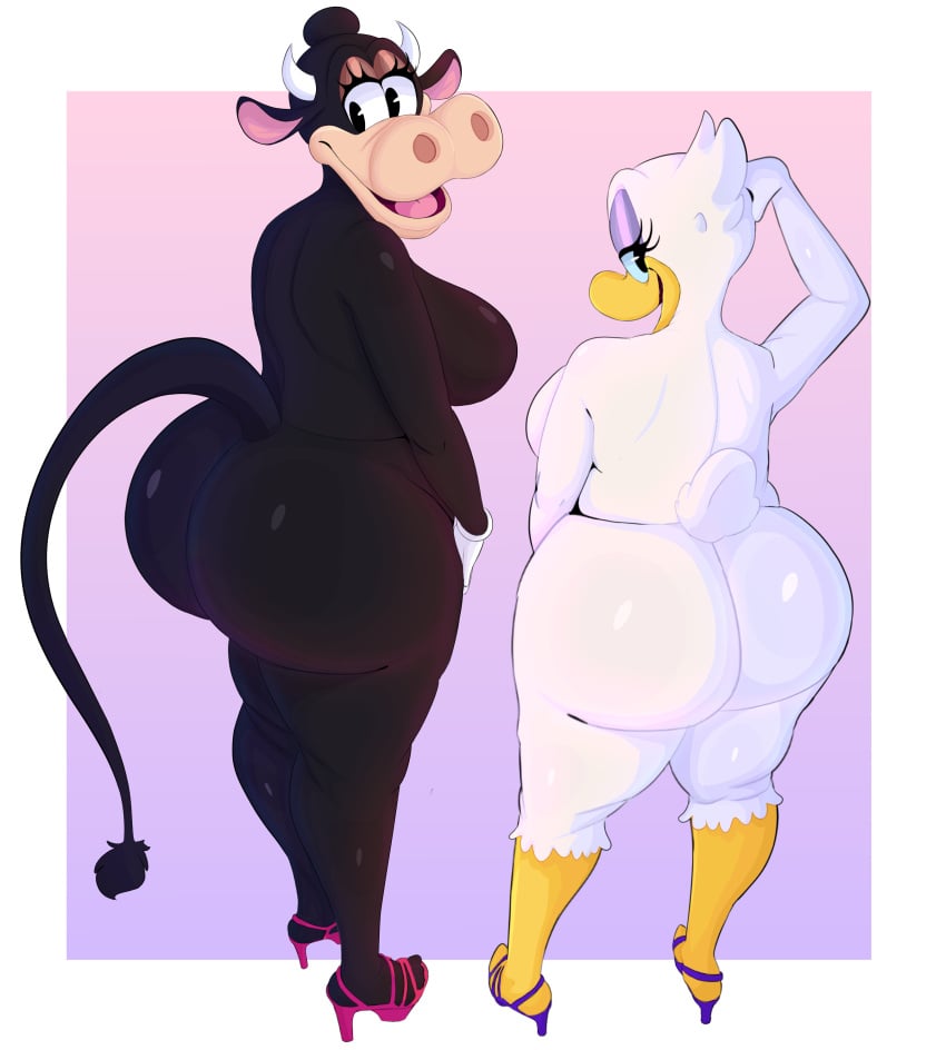 absurd_res anatid anseriform anthro anthro_only ass avian bedroom_eyes big_breasts big_butt bird boolishclara bovid bovine breasts cattle clarabelle_cow clothing daisy_duck disney duck duo female footwear hi_res high_heels mammal narrowed_eyes pinup pose seductive thick_thighs