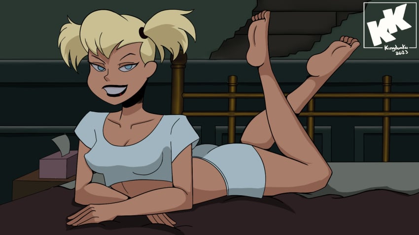 1girls 2023 batman:_the_animated_series batman_(series) bedroom_eyes blonde_hair blue_eyes crop_top dc dc_comics dcau feet female female_only harleen_quinzel harley_quinn kingdomkai legs looking_at_viewer medium_breasts on_stomach pigtails pose posing short_shorts solo tagme the_new_batman_adventures thighs