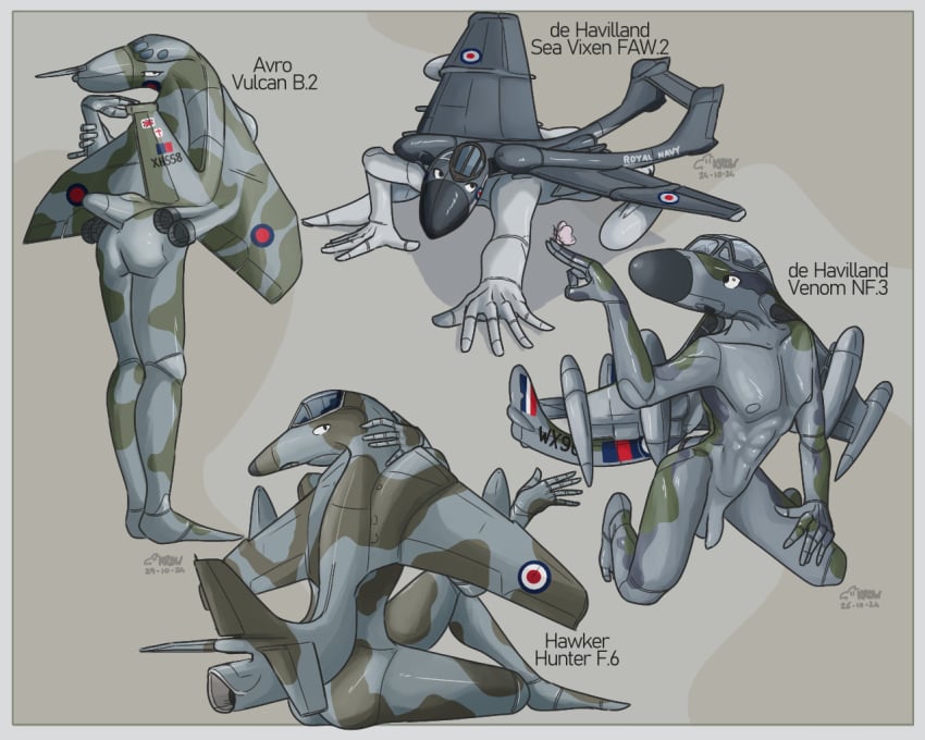 abs aeromorph aircraft aircraft_humanoid airplane anthro ass athletic athletic_male avro_vulcan balls butterfly camo de_havilland_sea_vixen de_havilland_venom digital_media_(artwork) english_text feet_together fingers flaccid foreshortening genitals grey_body group hand_on_neck hawker_hunter humanoid_genitalia humanoid_penis insects jet kneeling krowbutt legs_together lepidopteran limp_wrist living_aircraft living_machine living_vehicle looking_at_viewer looking_back lying machine male nude on_front penis pose raised_finger raised_pinky royal_air_force seductive simple_background sitting slim slim_male standing tail text vehicle wings