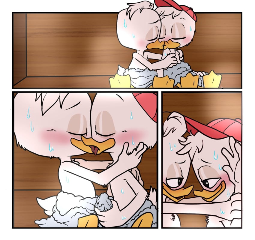 anatid anseriform anthro avian bird blush bodily_fluids brothers closed_eyes clothing comic comic_panel cub dewey_duck disney duck ducktales ducktales_(2017) duo french_kissing hat hat_only headgear headgear_only headwear headwear_only hi_res huey_duck igotdragons incest kissing male male/male masturbation mostly_nude nude pinned pinned_to_wall sauna sweat towel towel_on_lap towel_only young young_anthro young_on_young