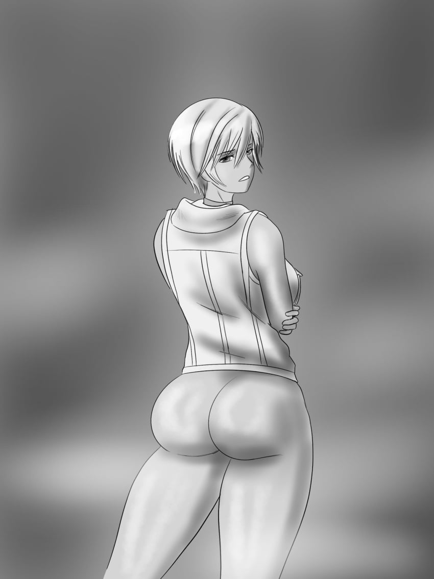 1girls arms_crossed ass bottomless bubble_butt heather_mason looking_at_viewer looking_back monochrome noirsun00 short_hair silent_hill silent_hill_3 thick thick_ass vest