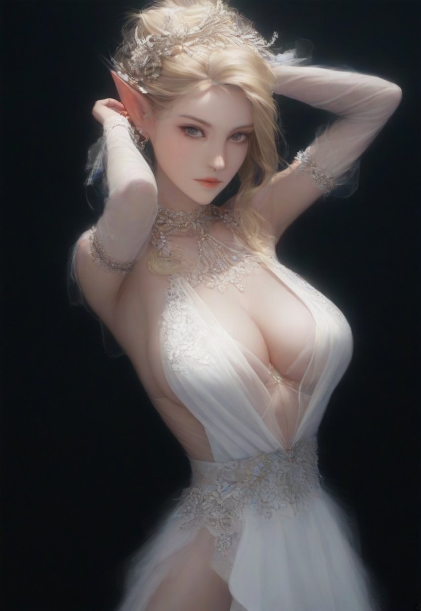 ai_generated big_breasts blonde_hair breasts cleavage clothed clothing curvaceous curvy dress elf elf_ears elf_female epic_fantasy_whore gloves grey_eyes hair_bun hands_behind_head headwear jewelry lace lace_trim lipstick long_gloves looking_at_viewer nai_diffusion original_character pointy_ears realistic red_lipstick revealing_clothes sideboob sidelocks simple_background slim_waist transparent_clothing white_dress