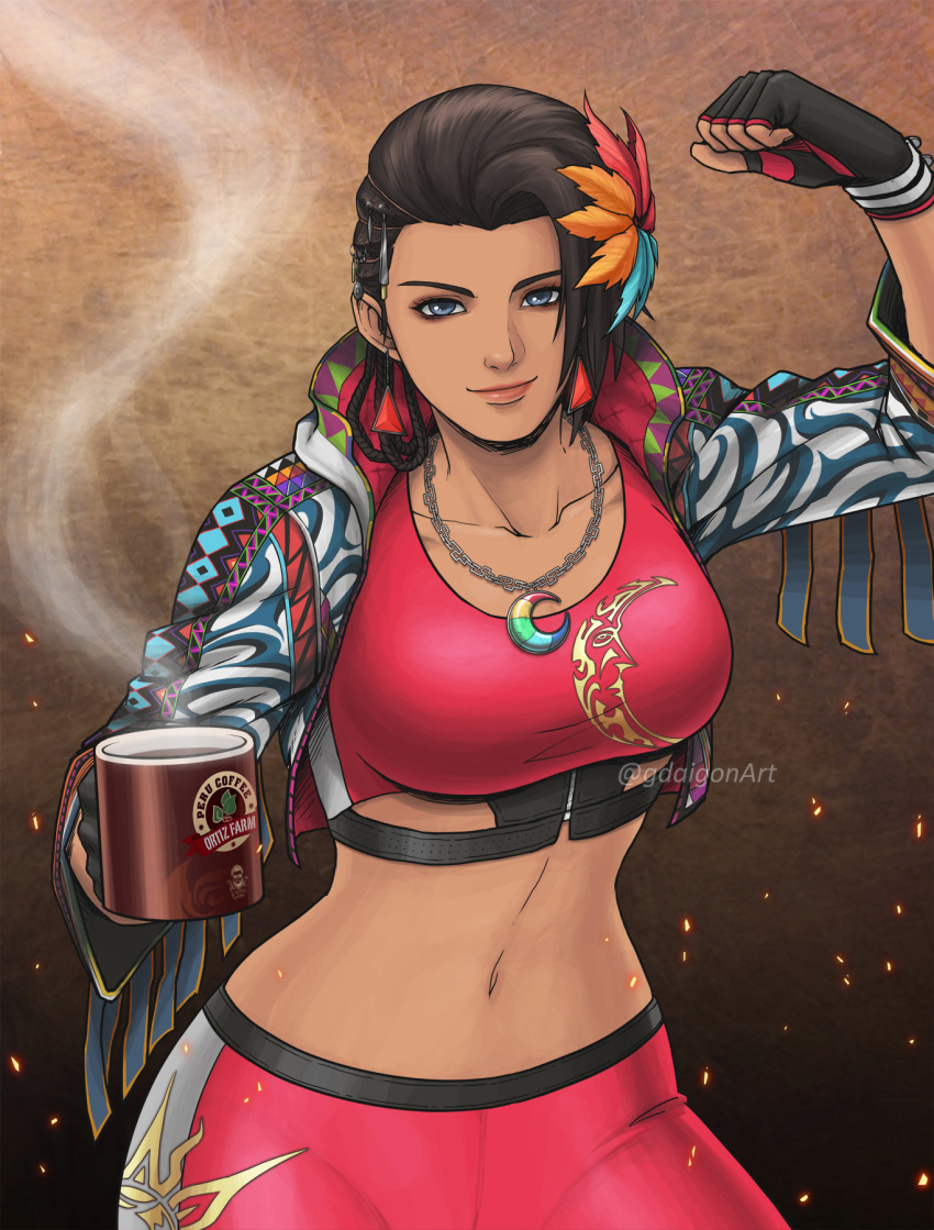 1girls abs azucena_milagros_ortiz_castillo big_breasts coffee dark-skinned_female feathers_in_hair female female_only flexing fully_clothed gdaigonart geoffrey_daigon latina midriff namco navel peruvian_female pixie_cut solo tekken tekken_8 tomboy