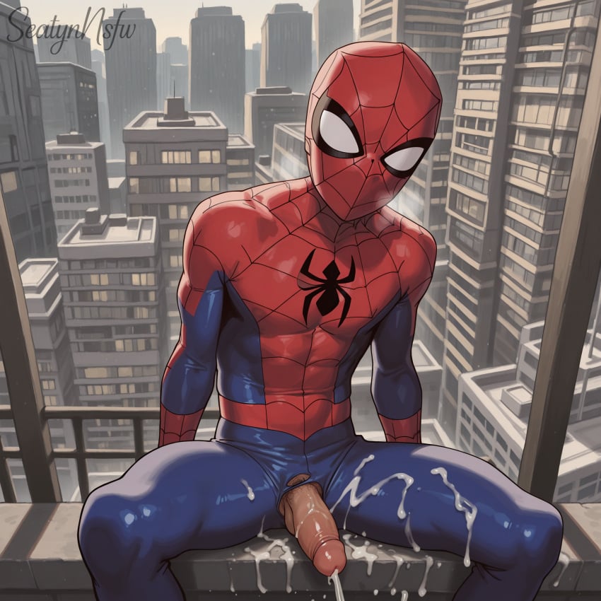 1boy ai_generated clothed clothing cum gay male male_focus marvel marvel_comics penis peter_parker seatyn_nsfw spider-man spider-man_(series) torn_bodysuit torn_clothes torn_clothing yaoi