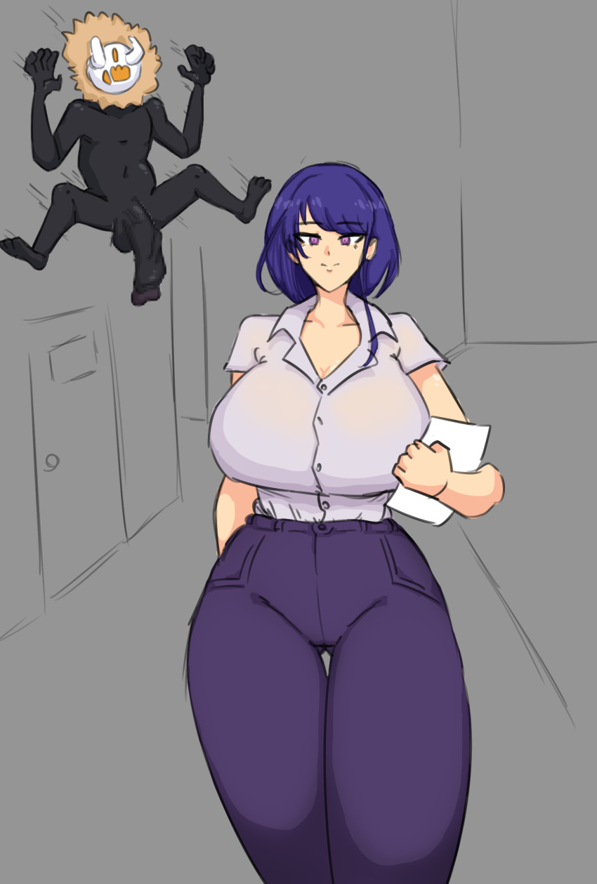 1girl 1girls attack attacking clothed clothed_female clothed_female_nude_male enno female genshin_impact hilichurls_(species) naked naked_male nude nude_male nude_male_clothed_female oblivious office office_lady purple_hair raiden_shogun sneaking unaware