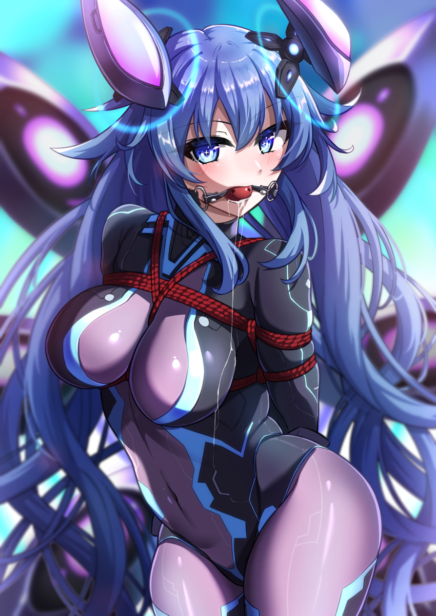 1girls 2023 arms_tied_behind_back ball_gag blue_eyes bodysuit bondage breasts compile_heart drooling fleur_racine gag gagged headgear idea_factory large_breasts looking_at_viewer megadimension_neptunia_vii neptune_(neptunia) neptunia_(series) next_purple power_symbol purple_bodysuit purple_hair purple_heart_(neptunia) rope rope_between_breasts rope_bondage shibari_over_clothes skin_tight skintight_bodysuit twintails