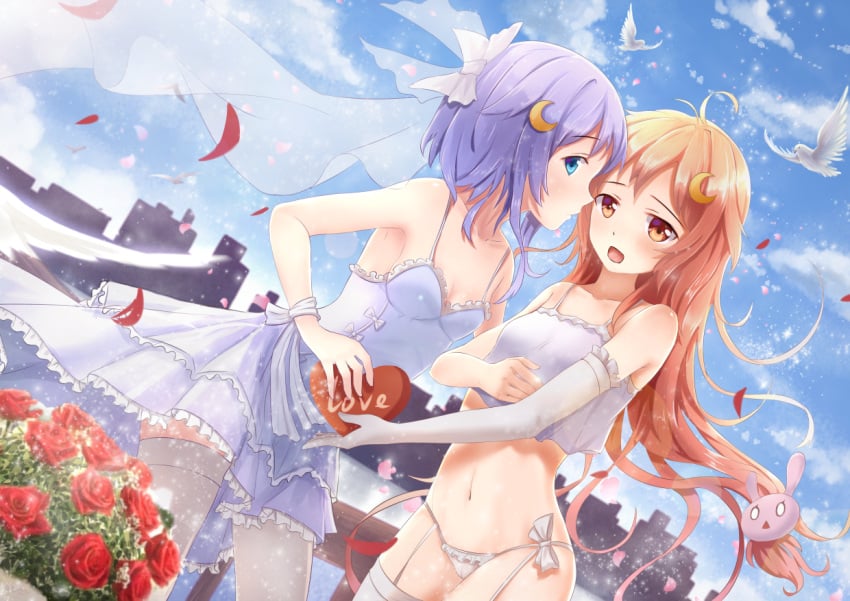 2girls bird blue_eyes blush bow breasts bridal_gauntlets bridal_veil camisole candy chocolate chocolate_heart cleavage crescent crescent_hair_ornament dove dress elbow_gloves flower food frilled_skirt frills garter_straps gloves hair_ornament hairbow heart kantai_collection long_hair looking_at_viewer multiple_girls navel open_mouth panties petals pigeon purple_dress purple_hair rabbit_hair_ornament red_eyes red_hair reki_(lichk) ribbon rose rose_petals short_hair short_hair_with_long_locks side-tie_panties single_glove skirt skyline small_breasts thighhighs uzuki_(kantai_collection) veil wedding_dress white_legwear white_panties wife_and_wife yayoi_(kantai_collection) yuri