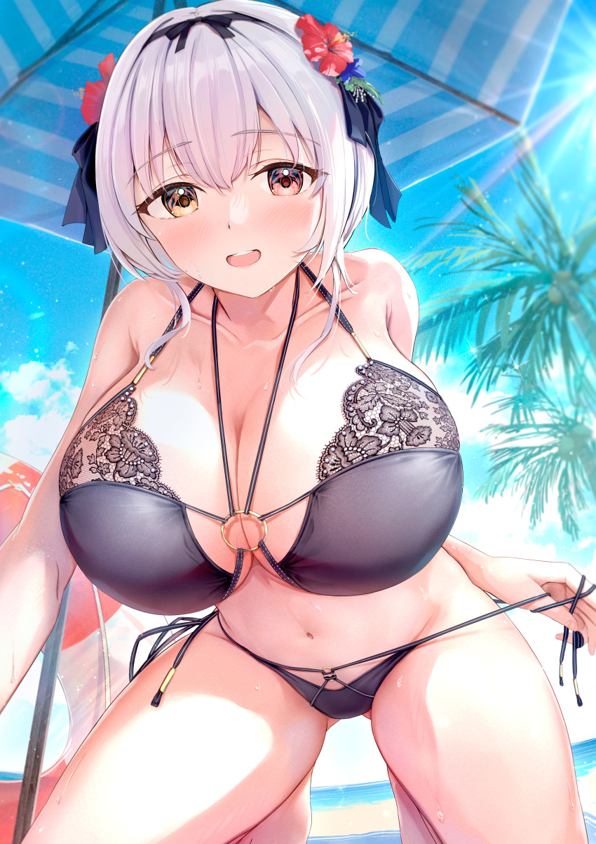 1girls absurdres alicia_renato_(yashiro_sousaku) beach beach_umbrella bikini bikini_pull black_bikini blue_sky blush breasts brown_eyes cleavage clothes_pull collarbone commentary_request commission day flower fujinomiya_rio grey_hair hair_flower hair_ornament hair_rollers heterochromia hibiscus highres huge_breasts innertube kneeling large_breasts lens_flare looking_at_viewer navel ocean open_mouth original outdoors palm_tree red_eyes red_flower sidelocks sky smile solo swim_ring swimsuit teeth tree umbrella upper_teeth_only