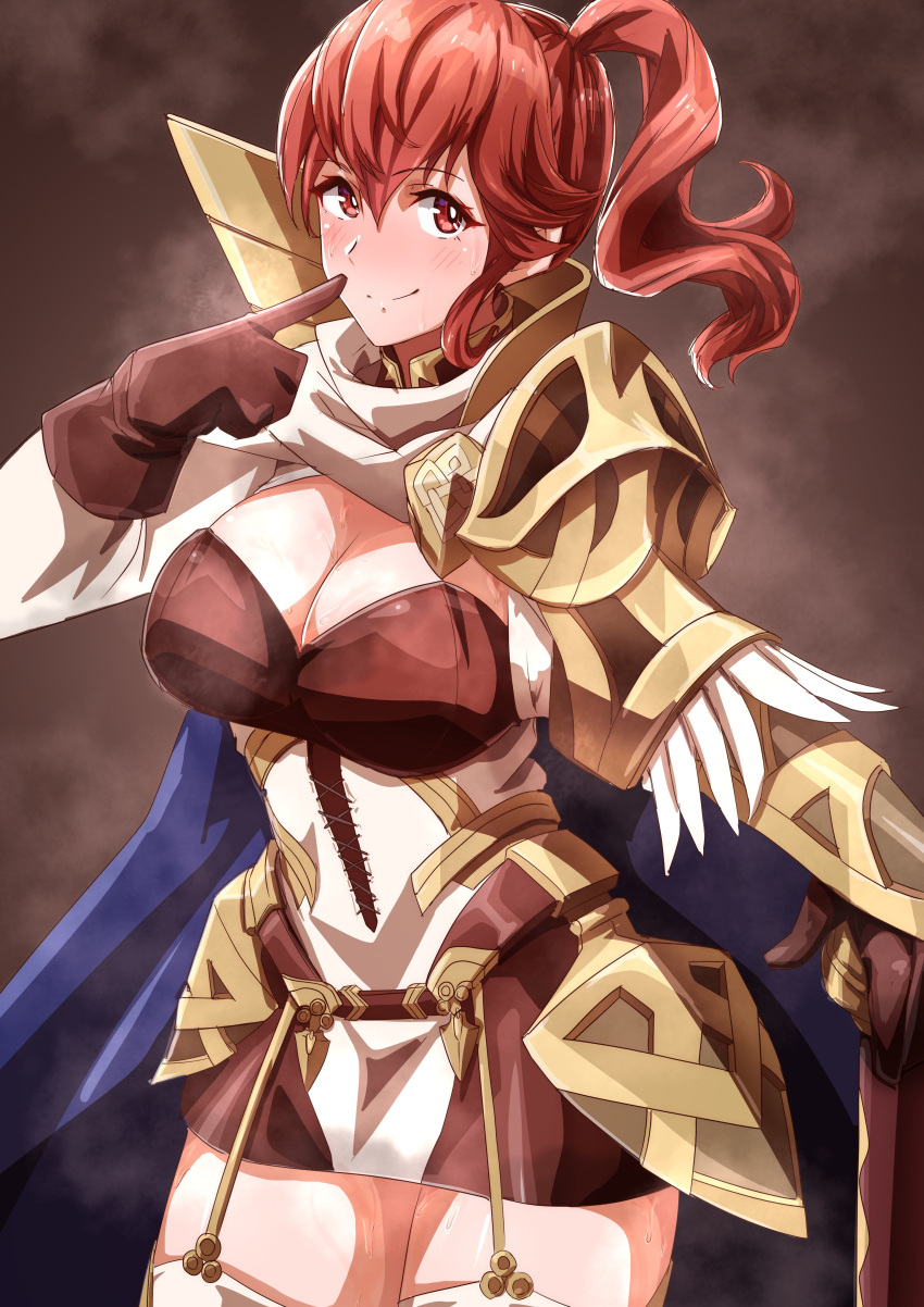 1girls absurdres adapted_costume alternate_costume anna_(fire_emblem) armor axe bare_thighs breasts cleavage closed_mouth female female_only fire_emblem fire_emblem_heroes garter_straps gloves hair_between_eyes hand_on_own_face heavy_breathing highres hip_armor index_finger_raised large_breasts long_sleeves looking_at_viewer musk nintendo pointing pointing_at_self ponytail red_eyes red_hair short_hair shoulder_armor smile solo steam steaming_body sweat thighhighs thighs to_(tototo_tk) weapon