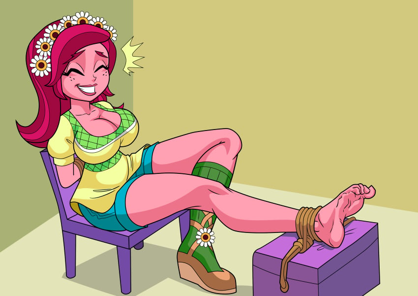 1girls arms_behind_back art-2u barefoot big_breasts blindfold bondage breasts chair cleavage equestria_girls feet feet_tied female femsub fetish foot_fetish foot_tickling freckles friendship_is_magic gloriosa_daisy_(eg) hasbro hi_res highres imminent_tickling laugh laughing legend_of_everfree my_little_pony ponytail rope rope_bondage shorts solo solo_female submissive thighs tickling tickling_feet