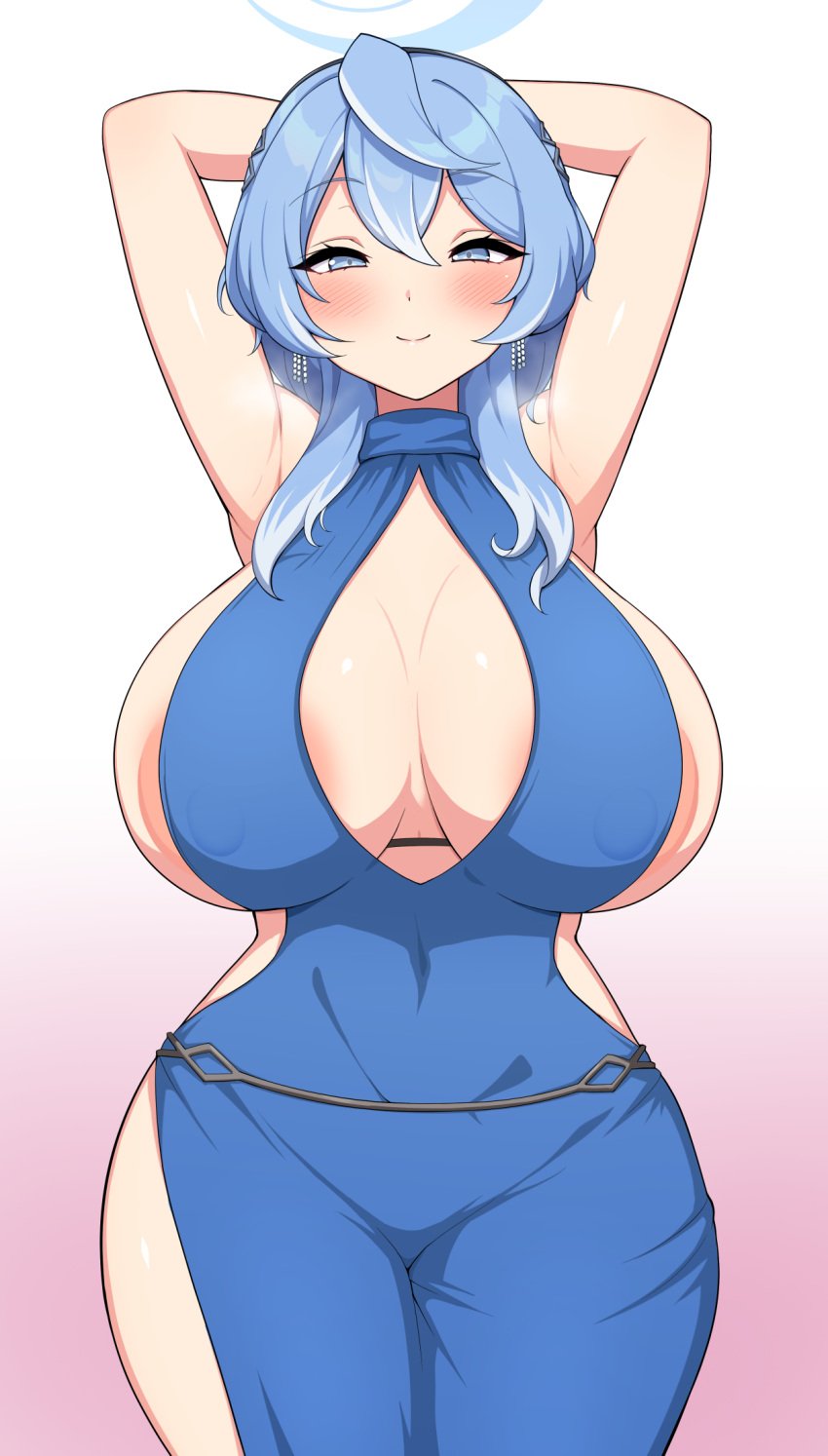 1girls ako_(blue_archive) ako_(dress)_(blue_archive) areolae blue_archive blue_eyes blue_hair breasts cleavage cleavage_dress dress female gehenna_academy_student haikome halo hi_res hips huge_breasts large_areolae large_breasts light-skinned_female light_skin long_hair naughty_face nipples prefect_team_(blue_archive) sideboob thick_thighs thighs wide_hips