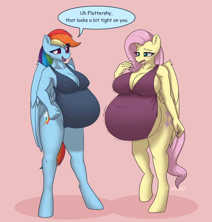 anthro belly big_breasts breasts bumpywish cutie_mark duo english_text female fluttershy_(mlp) friendship_is_magic fur hasbro hooves long_hair my_little_pony pegasus pink_hair pregnant pregnant_female rainbow_dash_(mlp) rainbow_hair text