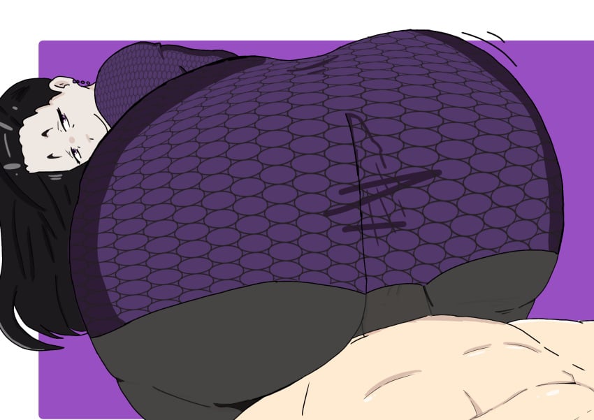 black_hair bottomless buttjob buttjob_in_skirt buttjob_under_clothes dress iori_(library_of_ruina) library_of_ruina long_hair project_moon purple_eyes smug smug_face smug_grin