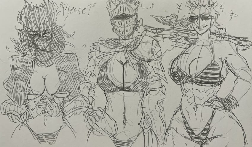 3girls abs armored_female ashen_one bikini bikini_bottom bikini_top bloodborne dark_souls dark_souls_3 female female_only hands_on_hips hands_together helmet humble_shark hunter_(bloodborne) mask masked masked_female mia_shepherd multiple_girls muscular muscular_female oc original_character sniper sniper_rifle traditional_media_(artwork)