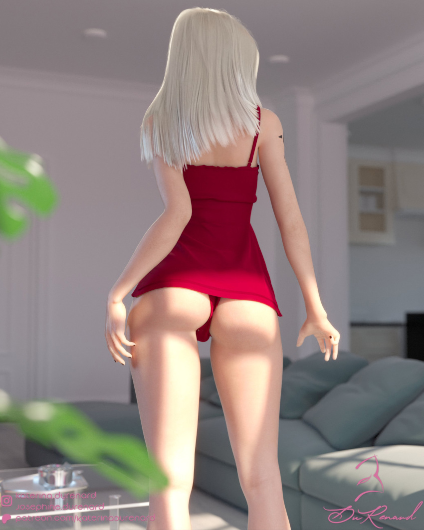 3d back back_view balls_in_panties blonde_hair bulge dress durenard futanari solo standing