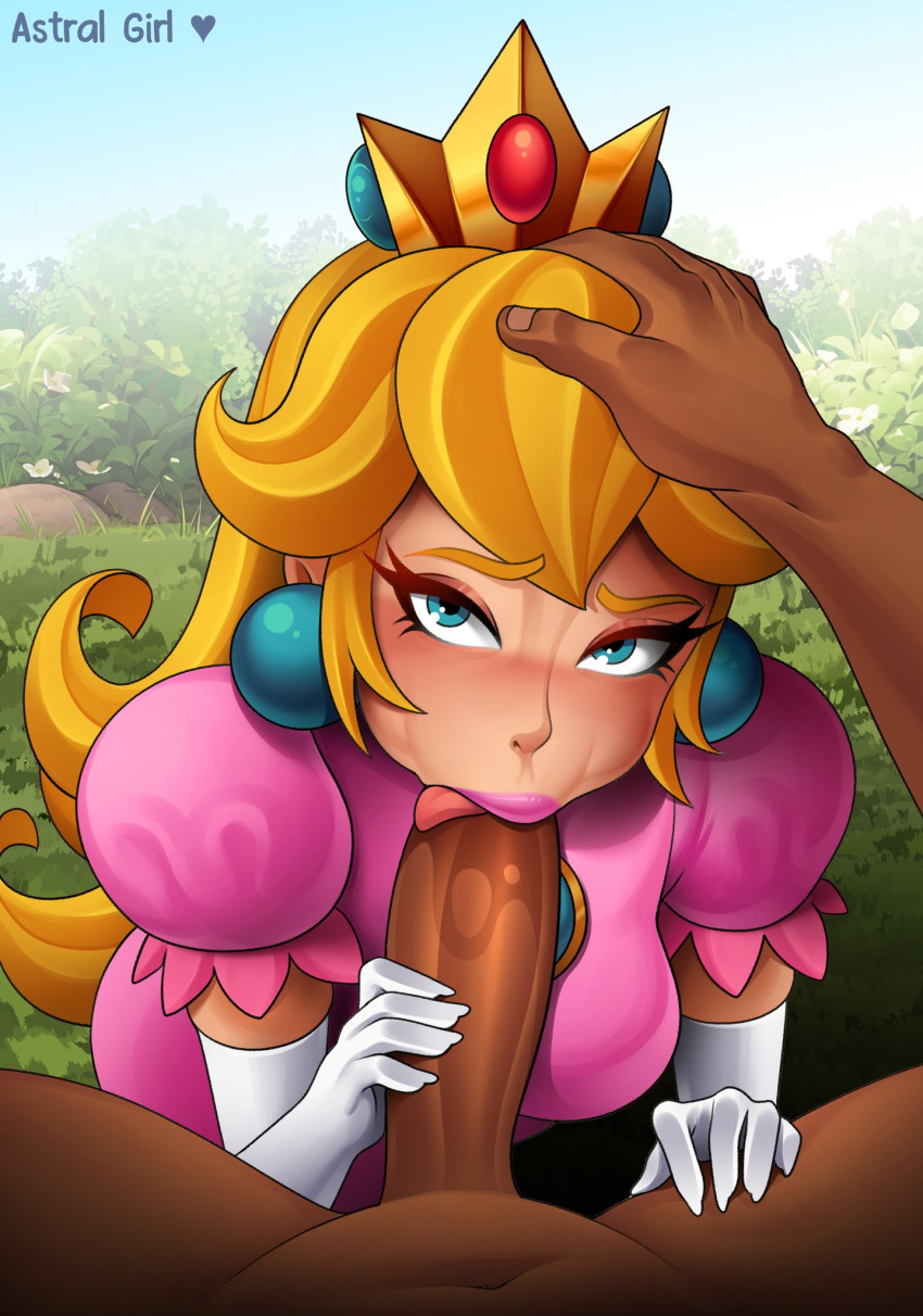 1boy 1girls astral_girl big_penis blonde_hair blue_eyes breasts clothing crown dark-skinned_male dark_skin dress fellatio female female_focus gloves interracial licking_penis light-skinned_female light_skin lipstick long_hair looking_at_viewer male male_pov mario_(series) nintendo oral outside penis pink_dress pov princess princess_peach sex