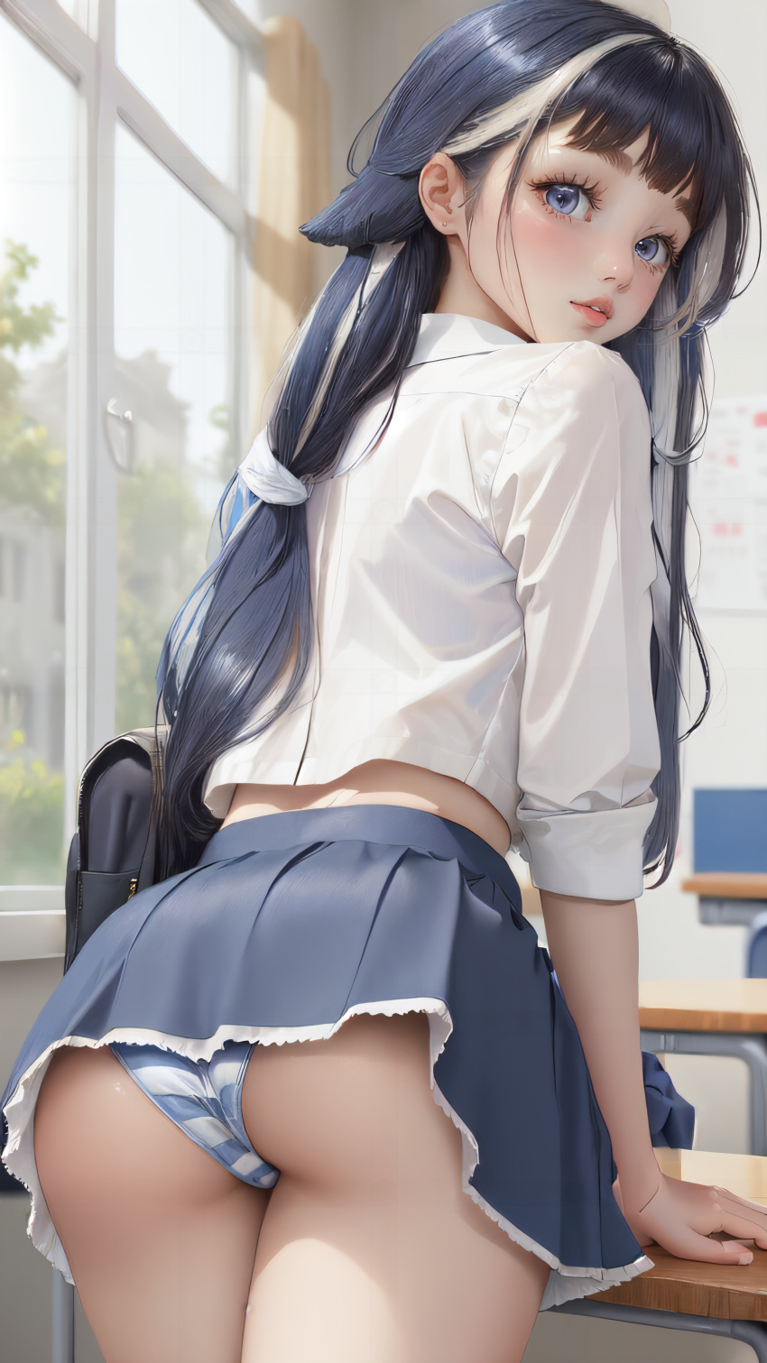 ai_generated ass_focus big_ass blue_eyes blue_hair blue_skirt cat_ears dark_hair flashing indie_virtual_youtuber large_ass midriff midriff_peek multicolored_hair orca panties plump_ass school school_desk school_uniform schoolgirl schoolgirl_uniform showing_ass showing_off showing_panties shylily skirt skirt_up streaked_hair striped_panties upskirt virtual_youtuber vtuber white_shirt