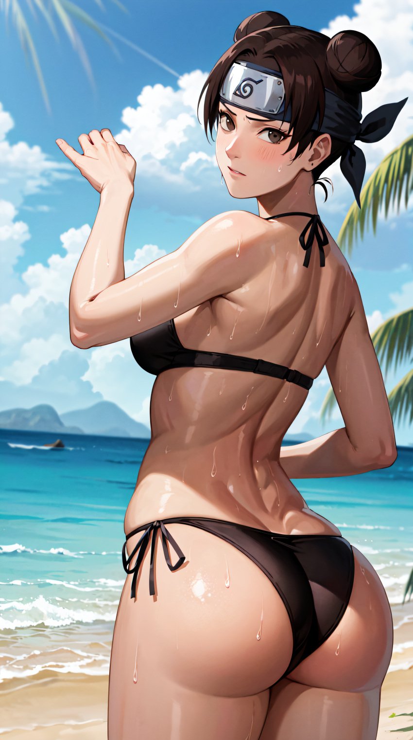 1girls ai_generated ass ass_focus bangs beach big_ass bikini bikini_bottom bikini_top blush breasts brown_eyes brown_hair bubble_ass double_bun fellatio_gesture female female_only from_behind gesture hair_buns headband konohagakure_symbol long_hair looking_back looking_back_at_viewer matching_hair/eyes nai_diffusion naruto naruto_(series) naruto_shippuden outdoors palm_tree parted_bangs presenting presenting_ass presenting_hindquarters revealing_swimsuit round_ass seaside sideboob skimpy skimpy_bikini solo solo_focus stable_diffusion standing swimsuit tenten thick_ass thong_bikini tied_hair twin_buns waifuinvoker wet wet_body wet_skin wide_hips