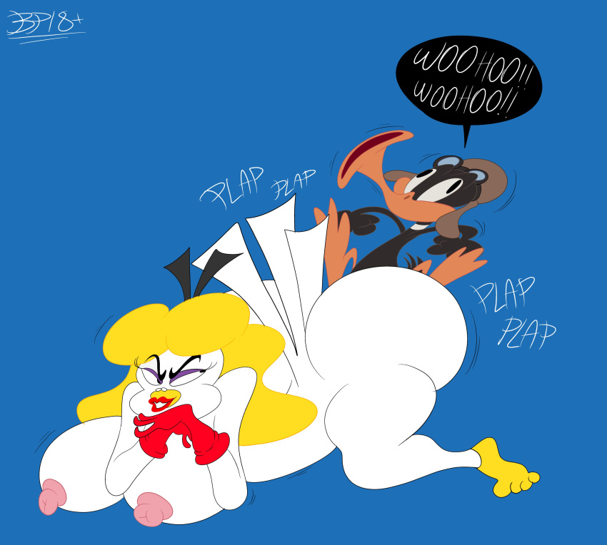 1boy anthro avian big_ass big_breasts big_breasts big_butt black_feathers blastprocessing16 cartoony curvy curvy_body curvy_female daffy_duck duck evil_face eyebrows eyelashes female gloves hatta_mari hi_res looney_tunes pigeon pleasure_face sex speech_bubble text warner_brothers white_feathers yellow_beak