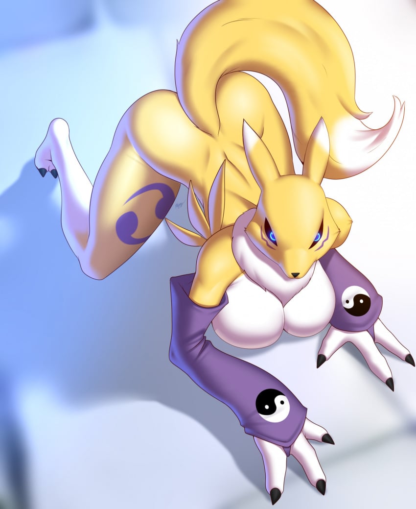 3_fingers anthro bandai_namco bent_over big_breasts black_nose black_sclera blue_eyes breasts bridal_gauntlets canid canine chest_tuft claws digimon digimon_(species) elbow_gloves female fox furry furry_only gloves glowing glowing_eyes mammal octoling_ghaul renamon solo tail tuft white_body white_fur yellow_body yellow_fur yin_yang