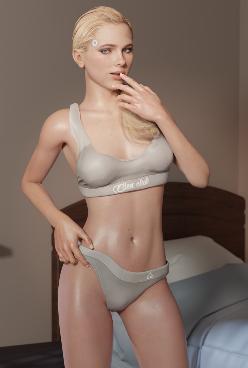 1girls 3d 3d_(artwork) android background bed bedroom belly_button blender blender_(software) blonde_hair blue_eyes bra breasts catcherrye chloe_(detroit:_become_human) clothed detroit:_become_human female female_focus female_only finger_on_lip grey_underwear gynoid led_light light-skinned_female light_skin navel panties ponytail pose seductive seductive_look seductive_smile solo solo_female sportswear standing underwear