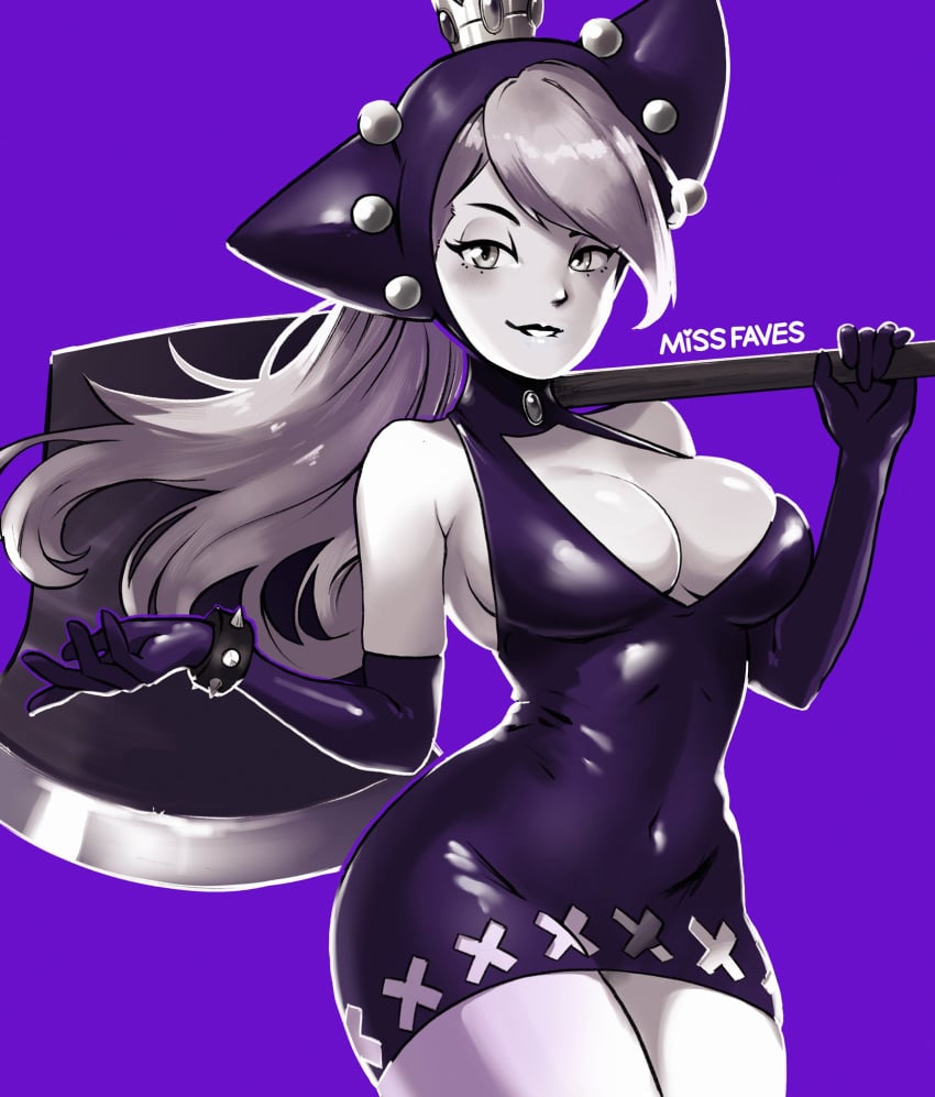 artist_name axe blonde_hair bracelet breasts cleavage commentary covered_navel cowboy_shot crown elbow_gloves eyelashes female gloves halterneck highres holding holding_axe jewelry large_breasts long_hair looking_at_viewer mario_(series) mario_power_tennis mario_tennis missfaves nintendo plunging_neckline purple_background purple_gloves purple_headwear purple_lips purple_theme simple_background solo spiked_bracelet spikes wapeach