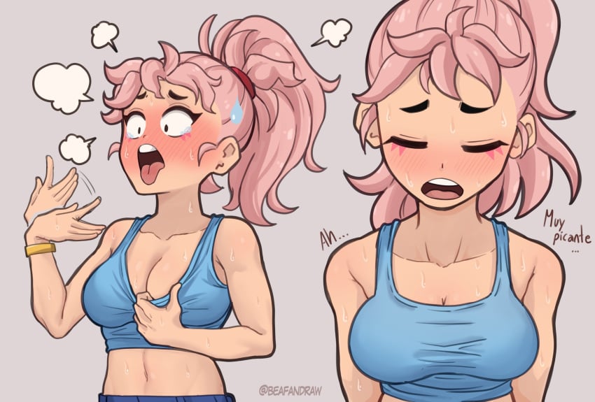 ahe_gao beafandraw blush brawl_stars cleavage clothing female female_only janet_(brawl_stars) large_breasts pink_hair ponytail shirt_pull tank_top