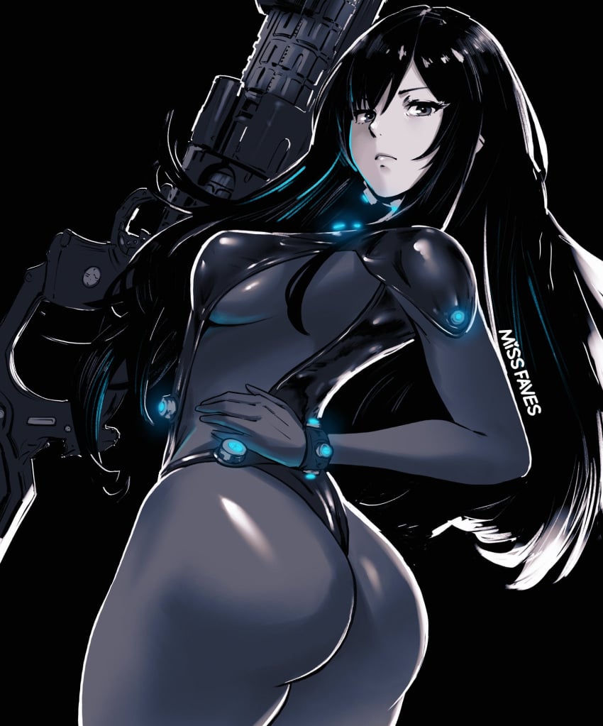 artist_name ass black_background black_bodysuit black_hair bodysuit breasts closed_mouth commentary female gantz gantz_suit grey_eyes gun hand_on_own_hip highleg highleg_leotard highres holding holding_weapon leotard lips long_hair long_sleeves looking_at_viewer looking_back medium_breasts missfaves shimohira_reika shiny_clothes signature skin_tight weapon