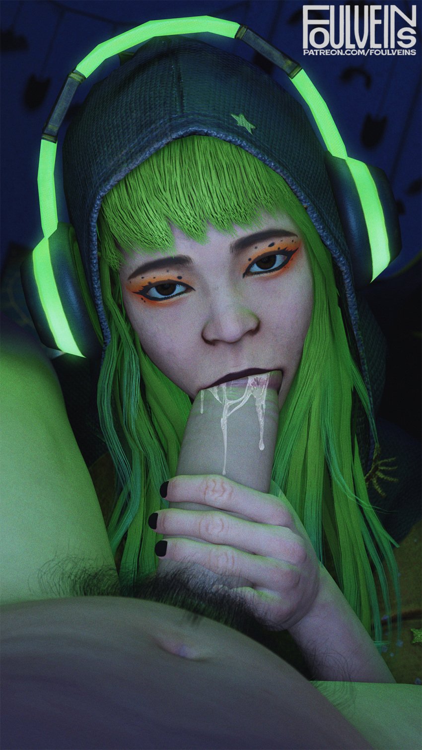 3d blowjob cum_in_mouth dbd dead_by_daylight female feng_min foulveins goth green_hair hand_on_penis hoodie male_pov neon orange_eyeshadow pov pov_eye_contact