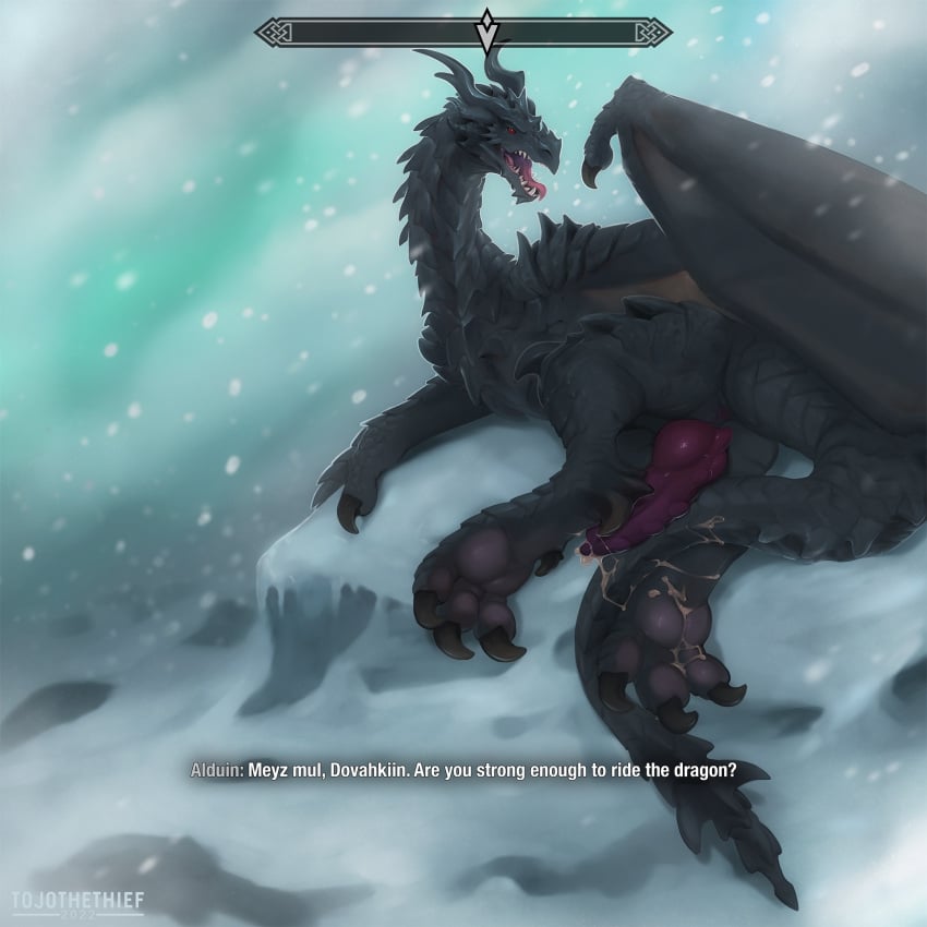 2022 3_toes alduin animal_genitalia animal_penis anus ass bethesda_softworks black_body black_claws black_scales black_wings bodily_fluids claws conditional_dnp cum cum_on_feet cum_on_penis cum_on_self cum_on_tail dialogue digital_media_(artwork) digitigrade dragon erection feet feral foreshortening gameplay_mechanics genital_fluids genitals hi_res hindpaw horn innuendo knot looking_at_viewer male male_focus male_only open_mouth paws penis presenting presenting_anus presenting_hindquarters presenting_penis red_eyes scales scalie skyrim snow snowing solo tail talking_to_viewer teeth teeth_showing the_elder_scrolls toe_claws toes tojo_the_thief tongue wing_claws wings wyvern