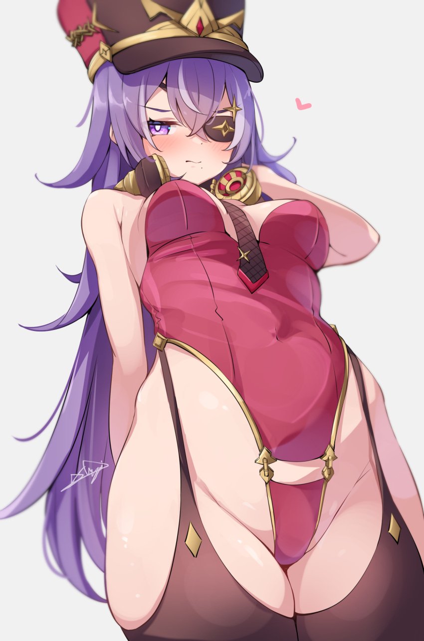 1girls alternate_costume blush breasts bunnysuit chevreuse_(genshin_impact) eyepatch garter_straps genshin_impact groin hat high_heel_boots leotard looking_at_viewer no_panties purple_eyes purple_hair skimpy slim_waist small_breasts solo solo_female thick_thighs thighhighs xlyami