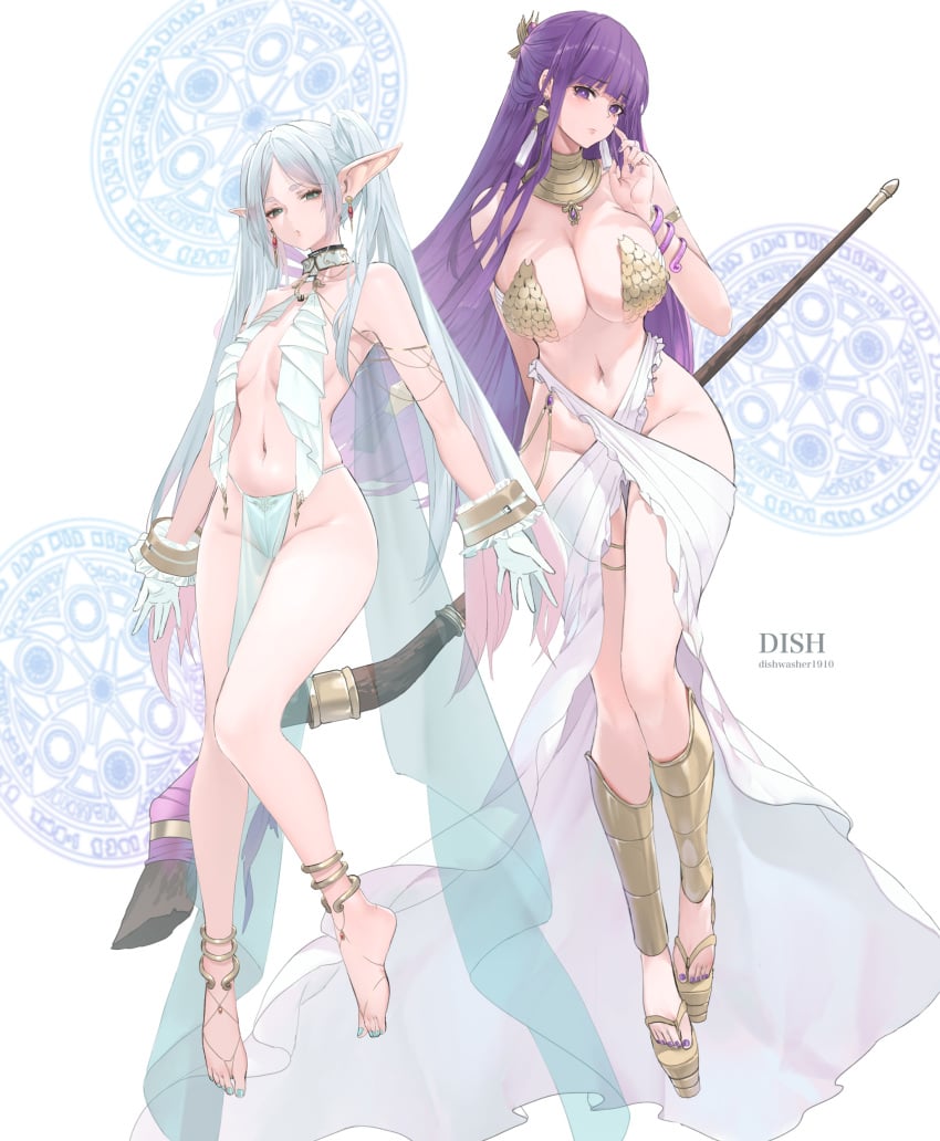 2girls alternate_costume blue_toenails breast_curtains dancer_outfit dishwasher1910 female female_only fern_(sousou_no_frieren) fingernail_polish frieren gloves harem_outfit huge_breasts large_breasts looking_at_viewer magic_circle metal_bikini multiple_girls painted_nails painted_toenails purple_fingernails purple_toenails revealing_clothes small_breasts sousou_no_frieren thick_thighs toenail_polish watermark wide_hips