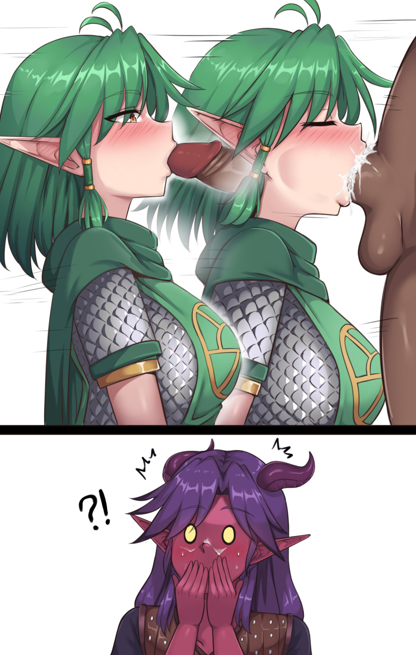 2girls alternate_version_available armor big_breasts big_penis blowjob dark-skinned_male deepthroat dungeons_and_dragons elf eriawynn green_hair oral red_body redwen shocked tales_from_the_tables tiefling wakkiau