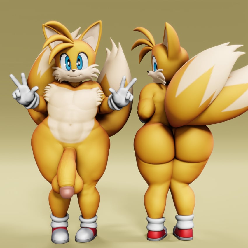 1boy :3 big_ass big_balls big_penis blue_eyes femboy furry furry_ass furry_femboy furry_male furry_only huge_cock male_only muscular naked_with_shoes_on peace_sign solo sonic_(series) tagme tails tails_the_fox vulkyasha white_gloves