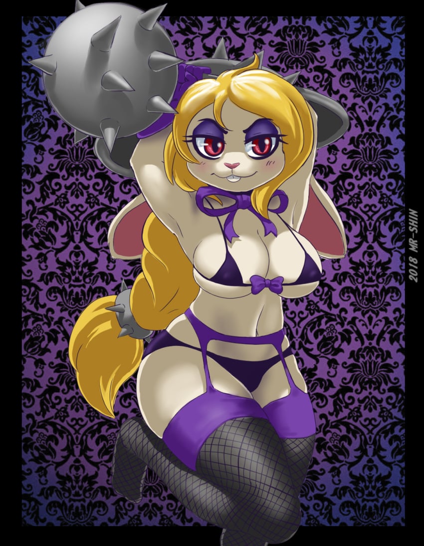 1girls anthro blonde_hair blush bowtie bowtie_collar breasts broodal buckteeth bunny_ears bunny_girl cleavage clothing female female_only fur furry furry_only garter_belt garter_straps hariet_(mario) holding_weapon lingerie lingerie_only looking_at_viewer mario_(series) morning_star_(weapon) mr-shin nintendo purple_background purple_lingerie rabbit rabbit_ears rabbit_girl rabbit_humanoid red_eyes seductive seductive_smile sole_female solo stockings super_mario_odyssey thick_thighs