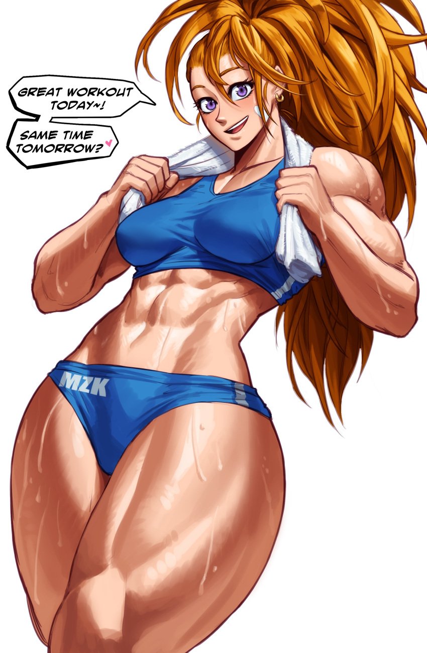 1girls absurd_res captain_mizuki commission dialogue english_text female female_only hi_res long_hair looking_at_viewer muscular muscular_female muscular_thighs one-punch_man orange_hair purple_eyes smiling smiling_at_viewer solo sotcho speech_bubble sportswear talking_to_viewer thick_thighs toned toned_female towel towel_around_neck white_background