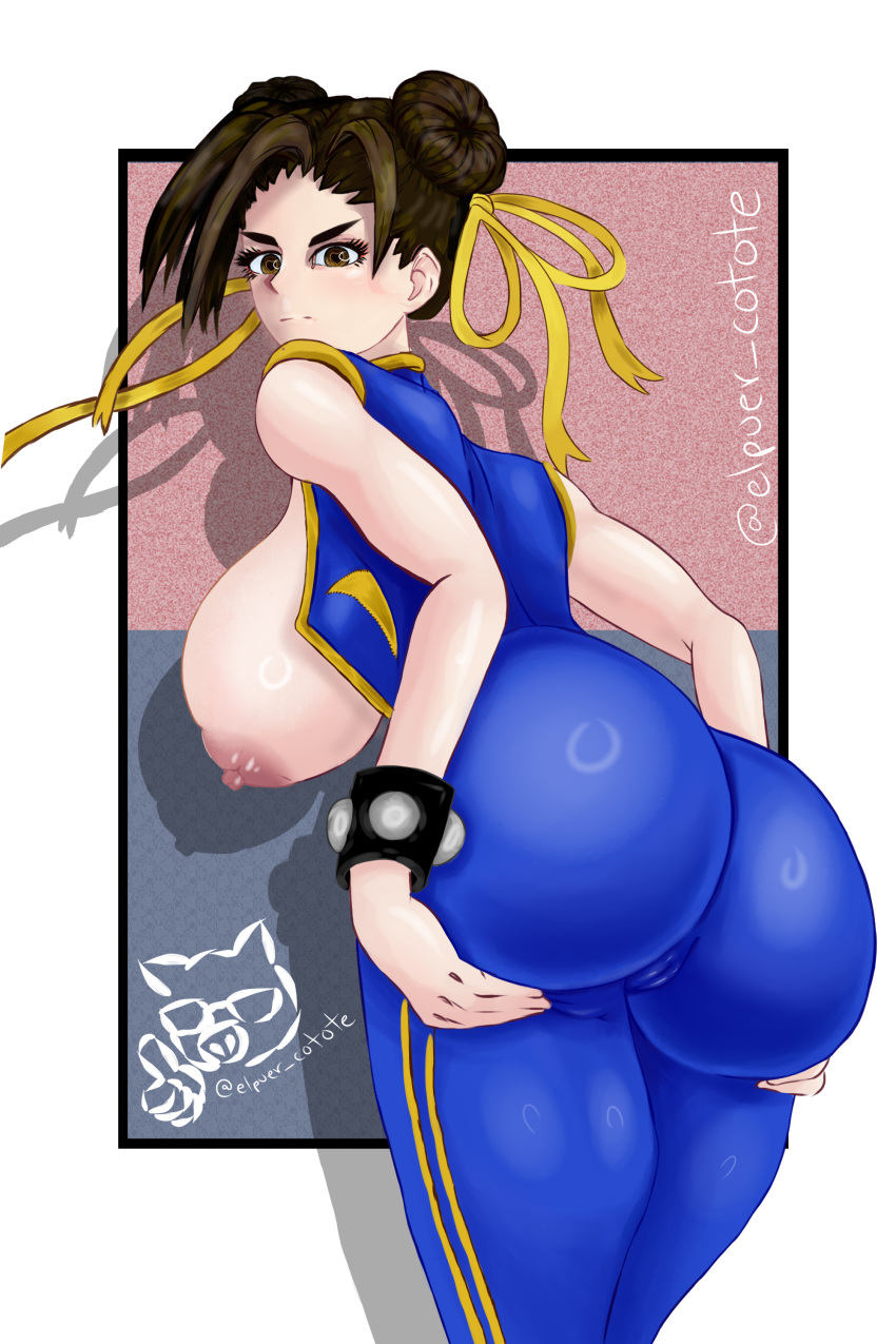 areola areolae brown_eyes brown_hair chun-li elpuer_cotote grabbing_own_ass huge_ass huge_breasts looking_at_viewer looking_back street_fighter street_fighter_v thick_ass