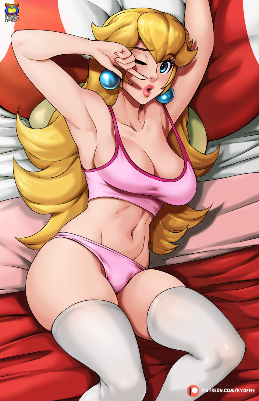 bed_sheet breasts female female_only high-angle_view kyoffie looking_at_viewer mario_(series) mushroom nintendo pillow princess_peach solo super_mario_bros. tagme white_skin