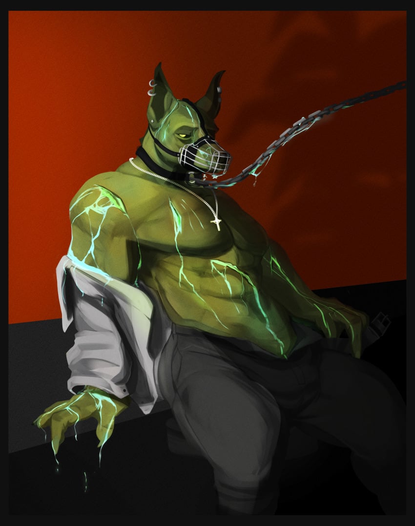 abs absurd_res anthro black_border blood bodily_fluids bondage bondage border bound bulge c_nyle canid canine canis chains clothed clothing collar digital_media_(artwork) dobermann domestic_dog dress_shirt gore hi_res jewelry leaning male mammal muscular muscular_anthro muscular_male muzzle_(object) necklace open_clothing open_shirt open_topwear pecs piercing pinscher restraints shirt simple_background sitting solo topwear undead wounded yellow_eyes yo_zee zombie