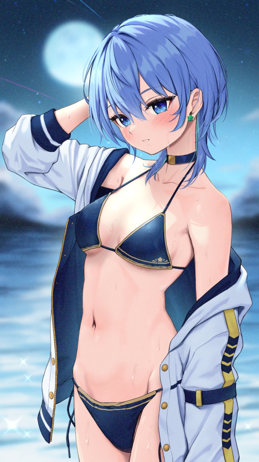 1girls artist_request bare_shoulders blue_bikini blue_choker blue_eyes blue_hair breasts cleavage collarbone hair_between_eyes hololive hololive_gen_0 hololive_japan hoshimachi_suisei medium_breasts navel short_hair solo star_in_eye thighs virtual_youtuber