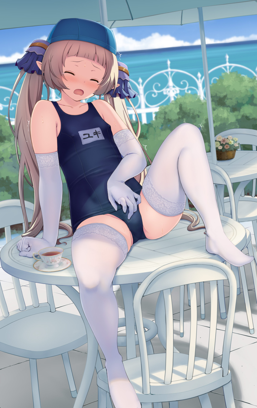 1boy arm_support blue_one-piece_swimsuit blunt_bangs bulge chair clenched_hand closed_eyes collarbone commentary_request commission covered_nipples cup d: day dutch_angle elbow_gloves elf_ears facing_viewer femboy feminine_male girly gloves grey_hair highres knee_up lace-trimmed_gloves lace-trimmed_thighhighs lace_trim leaning_back long_hair male male_focus male_masturbation male_only masturbation masturbation_through_clothes name_tag nishiyama_maruta old_school_swimsuit on_table one-piece_swimsuit open_mouth otoko_no_ko outdoors paid_reward_available parasol pixiv_commission pointy_ears princess_connect! public_indecency public_masturbation school_swimsuit shade sitting solo spread_legs sweat swim_cap swimsuit table tea teacup tearing_up thighhighs trap trembling twintails umbrella variant_set white_gloves white_thighhighs yuki_(princess_connect!)