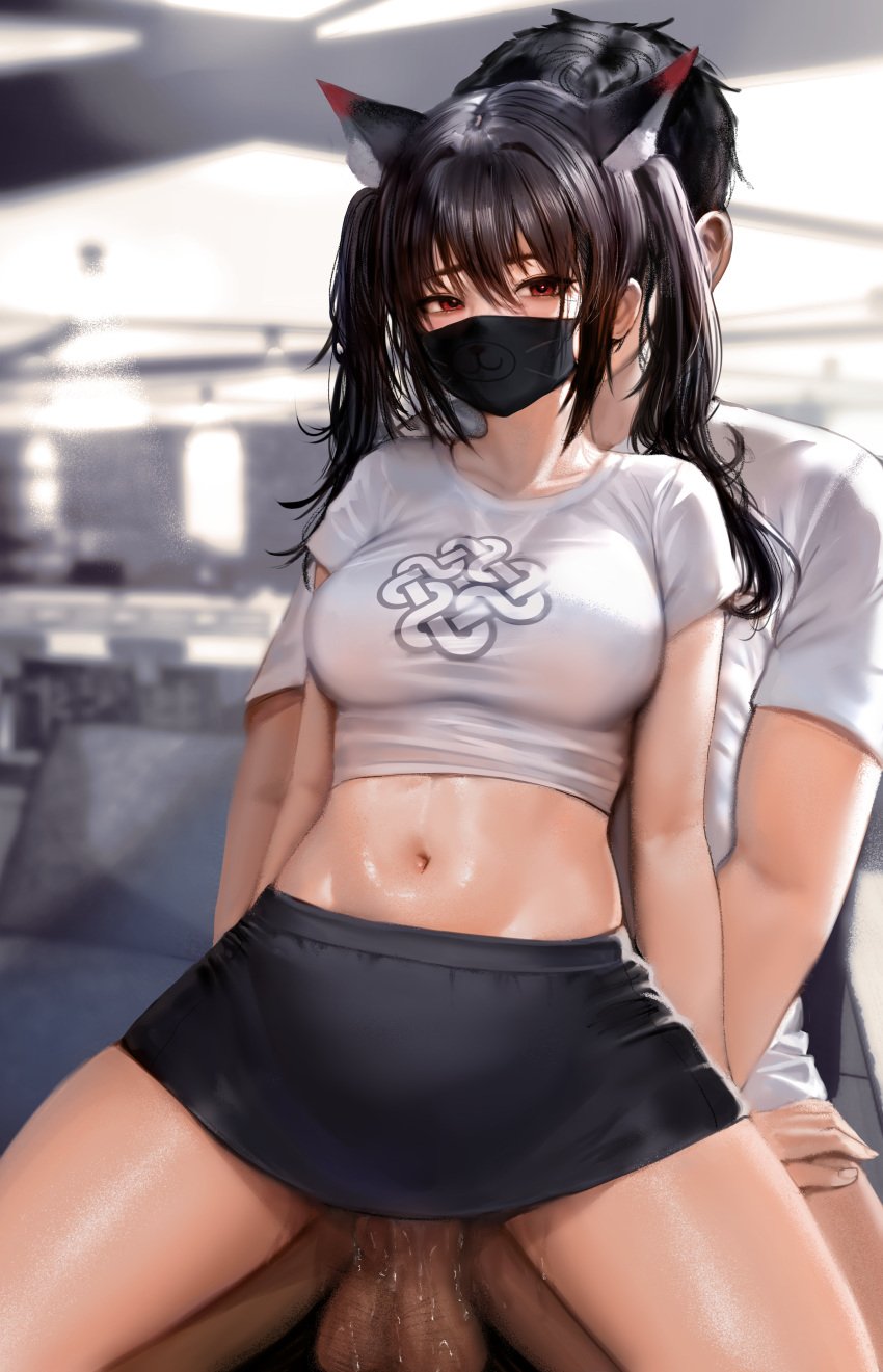 1boy absurdres animal_ears black_hair black_skirt breasts cat_ears clothed_sex crop_top cum ejaculation extra_ears female highres large_breasts long_hair looking_at_viewer mask midriff miniskirt mouth_mask navel original penis red_eyes reverse_upright_straddle shiny_skin shirt short_sleeves sidelocks skirt solo_focus spread_legs stomach sunchip taut_clothes taut_shirt testicles thighs twintails white_shirt