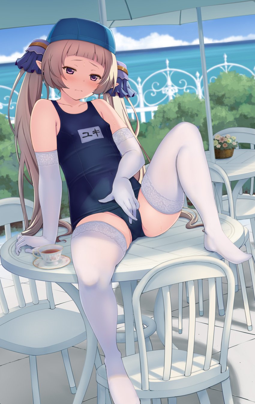 1boy arm_support blue_one-piece_swimsuit blunt_bangs blush bulge chair collarbone commentary_request commission covered_navel covered_nipples cup day dutch_angle elbow_gloves elf_ears femboy feminine_male frown girly gloves grey_hair half-closed_eyes highres knee_up lace-trimmed_gloves lace-trimmed_thighhighs lace_trim leaning_back long_hair looking_at_viewer male male_focus male_masturbation male_only masturbation masturbation_through_clothes name_tag nishiyama_maruta old_school_swimsuit on_table one-piece_swimsuit otoko_no_ko outdoors paid_reward_available parasol pixiv_commission pointy_ears princess_connect! public_indecency public_masturbation purple_eyes school_swimsuit shade sitting solo spread_legs sweat swim_cap swimsuit table taut_clothes taut_swimsuit tea teacup thighhighs trap twintails umbrella variant_set white_gloves white_thighhighs yuki_(princess_connect!)