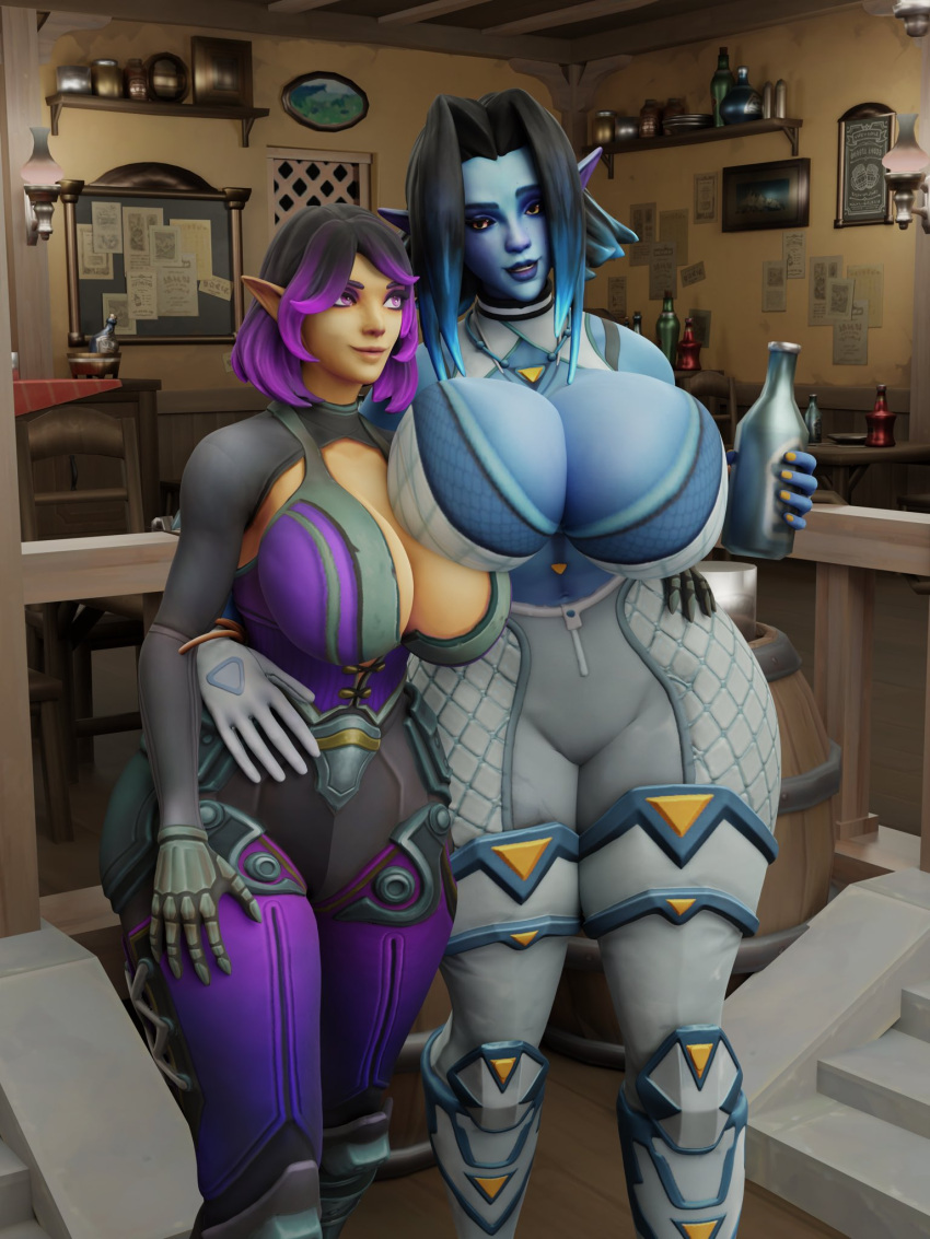 2girls 3d alcohol alcoholic_drink alternate_version_available arm_around_waist bar bare_shoulders big_breasts black_hair blender blender_(software) blue_body blue_skin bodysuit breasts busty cleavage cleavage_overflow curvaceous curvy curvy_female curvy_figure decodec detailed_background elf elf_ears elf_female elf_girl embrace embracing female female/female female_focus female_only front_view hand_on_waist hi-rez_studios hi_res high_resolution highres holding_alcohol holding_bottle holding_object hug huge_breasts hugging iced_out_saati indoors jewelry large_breasts light-skinned_female light_skin long_ears medium_hair multicolored_hair orange_eyes paladins paladins_champions_of_the_realm pointy_ears purple_eyes purple_hair saati_(paladins) sidelocks skye_(paladins) smile smiling smiling_at_another smiling_at_partner tagme thick_thighs thighs two_tone_hair viewed_from_front voluptuous voluptuous_female wide_hips yellow_eyes yuri yuri