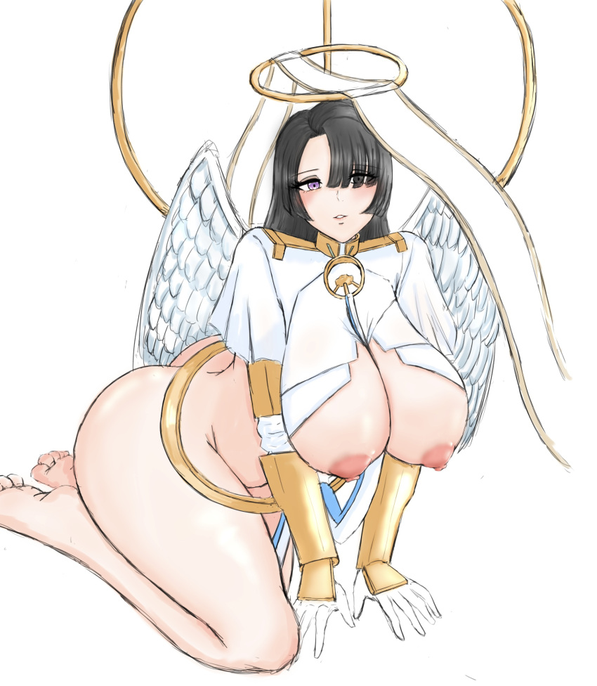 1girls areolae azazel_(last_origin) barefoot black_hair blush breasts cleavage eye_visible_through_hair feet female female_only hair_over_one_eye halo huge_breasts koppepan_(60299968) last_origin light-skinned_female light_skin nipples purple_eyes sole_female soles solo wings