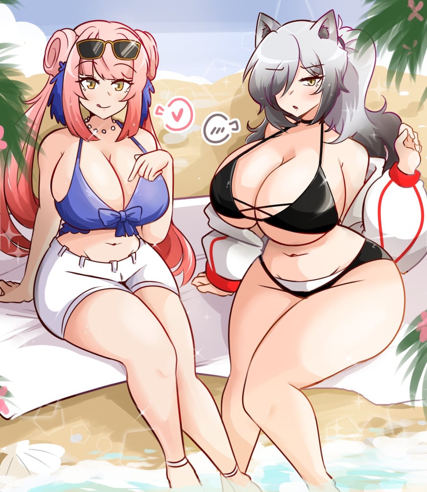 2d 2d_(artwork) 2d_artwork 2girls :d animal_ear_fluff animal_ears arknights arm_support bangle bangles bare_shoulders barefoot beach belly belly_button big_breasts big_thighs bikini bird_girl black_bikini busty cat_ears cat_girl cat_tail ceylon_(arknights) child_bearing_hips cleavage closed_mouth closed_smile curvaceous curvy cute dankestsin day dem_legs embarrassed enormous_breasts enormous_thighs feather_hair fluffy fluffy_ears giant_breasts giant_thighs gigantic_breasts gigantic_thighs grey_hair hair_covering_eye hair_over_one_eye happy hips huge_breasts huge_thighs hyper_breasts hyper_thighs inviting large_breasts large_thighs legs licking_lips light-skinned_female light_skin long_hair long_sleeves looking_at_viewer massive_breasts massive_thighs midriff naughty_face naughty_smile navel necklace palm_tree partially_submerged pearl_necklace pointing_at_breasts pointing_at_self ponytail posing schwarz_(arknights) seductive seductive_eyes seductive_gaze seductive_look seductive_mouth seductive_pose seductive_smile short_shorts shorts shy sitting slender_waist spoken_blush spoken_heart stomach sunglasses sunglasses_on_head swimsuit thick thick_legs thick_thighs thighs thunder_thighs tight_clothing tight_fit venus_body very_long_hair voluptuous voluptuous_female waist wasp_waist white_shorts wide_hips wide_thighs