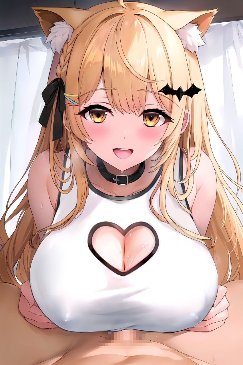 1boy 1girls absurdres ahoge animal_ear_fluff animal_ears bat_hair_ornament belt_collar black_collar blonde_hair blush breasts cat_ears cleavage cleavage_cutout clothing_cutout collar covered_nipples female hair_ornament heart_cutout highres hololive hololive_gen_1 hololive_japan large_breasts light-skinned_female light-skinned_male light_skin looking_at_viewer male_pov official_alternate_costume open_mouth paizuri paizuri_under_clothes pov shirt sleeveless sleeveless_shirt smile sugiki teeth upper_teeth_only virtual_youtuber white_shirt yellow_eyes yozora_mel yozora_mel_(5th_costume)