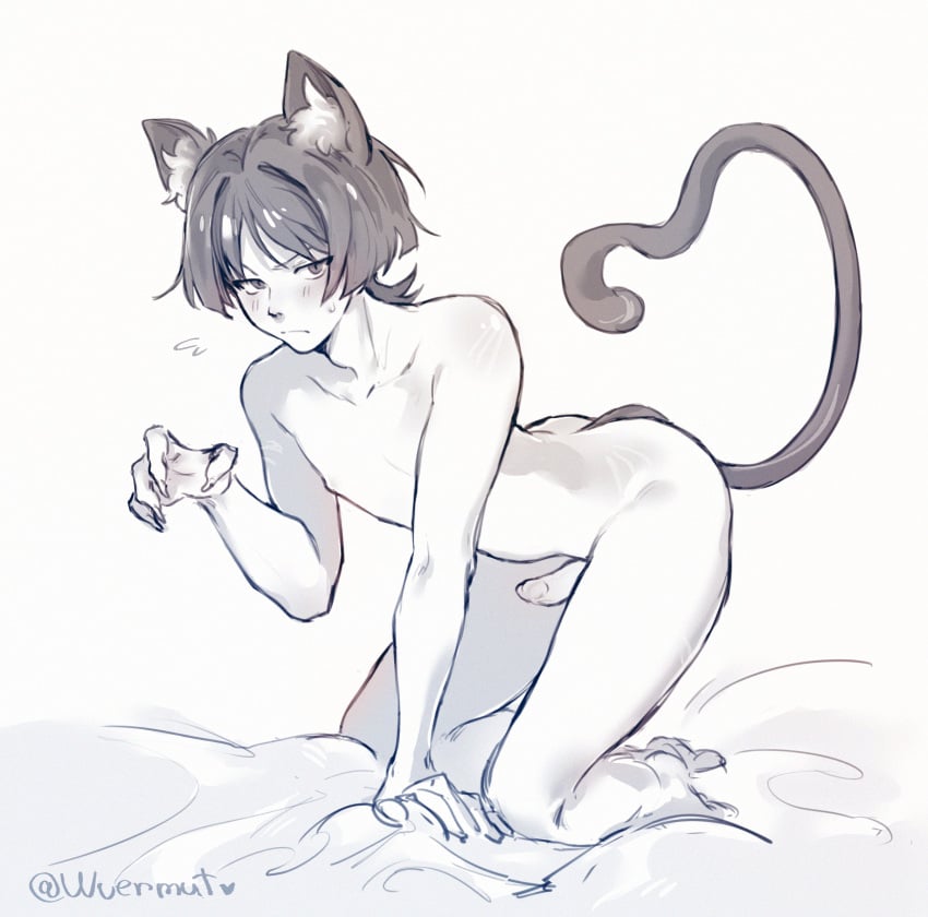 1boy artist_name artist_request bed blush cat_ears cat_tail catboy claws gay genshin_impact neko nsfw nude oni penis penis_out purple_hair scaramouche_(genshin_impact) short_hair simple_background tail vermut wanderer