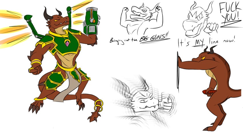 anthro armor bottomwear clothing dragon drogoz flexing genitals hi_res jet_pack legswithsnake loincloth male masturbation paladins penis profanity punch ranged_weapon rocket_launcher solo weapon